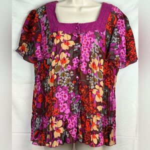 Colorful Floral Pleated Sheer Blouse